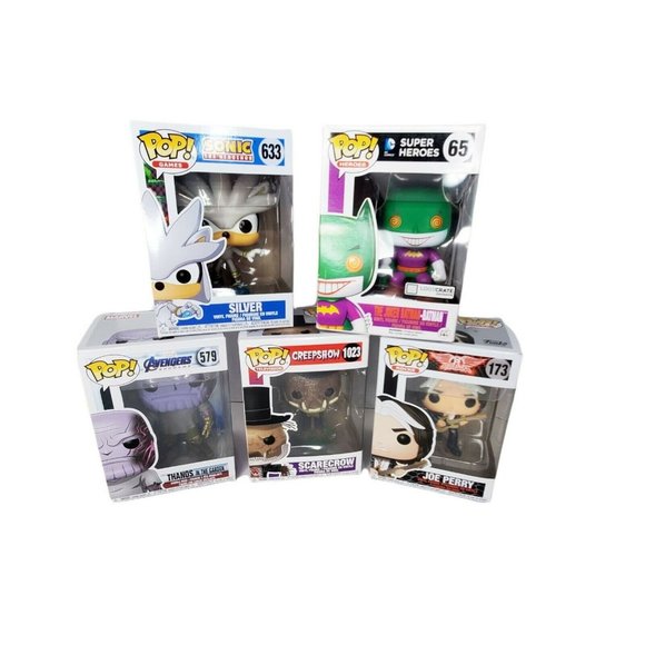 Funko Pop Lot Of 5 Joe Perry, Silver Sonic, Creepshow, Joker, Thanos